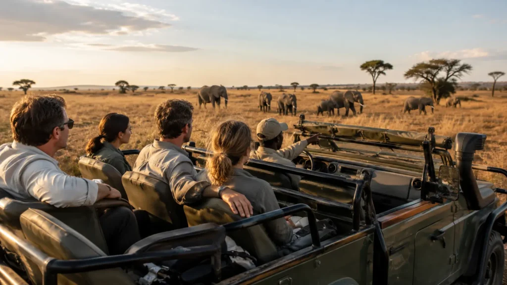 Grupo de viajeros en un vehículo de safari privado observando fauna